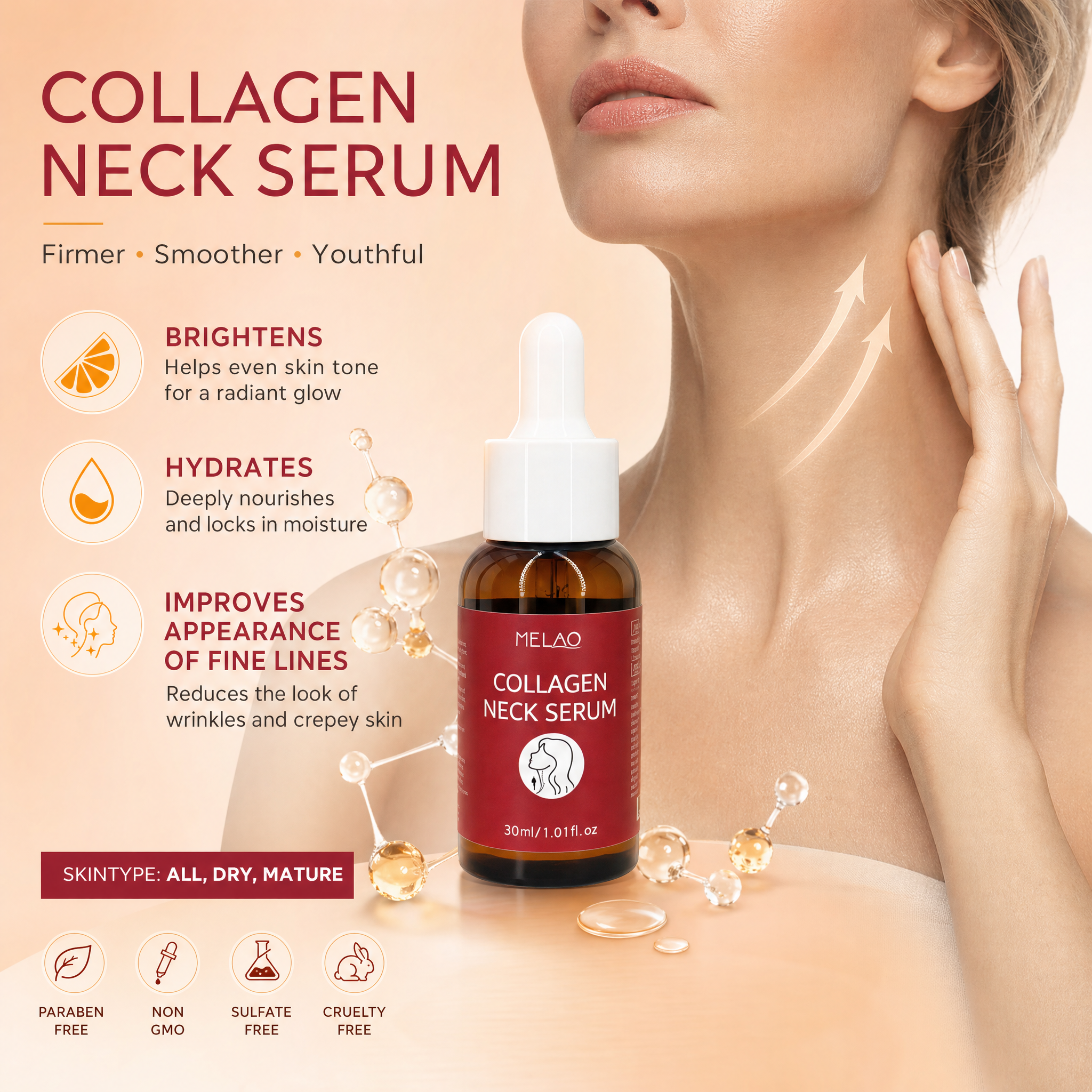 MELAO MELAO Collagen Neck Serum, Hydrating & Firming Neck Essence, Anti-Aging Skin Care Serum for Tightening, Smoothing Fine Lines & Moisturizing, Daily Neck Lotion for Youthful-Looking Skin, 30ml