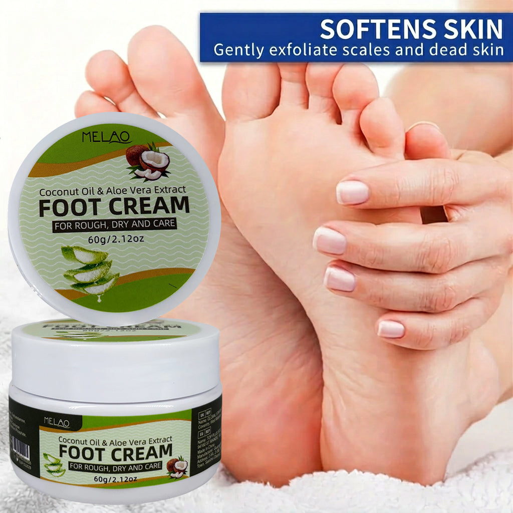 Foot Cream for Rough Dry Feet, MELAO Coconut Oil & Aloe Vera Foot Cream, Intensely Moisturizes & Softens Cracked Heels, with Natural Coconut Oil & Aloe Vera Extract, Nourishing Foot Care for Dry Skin, 60g/2.12oz