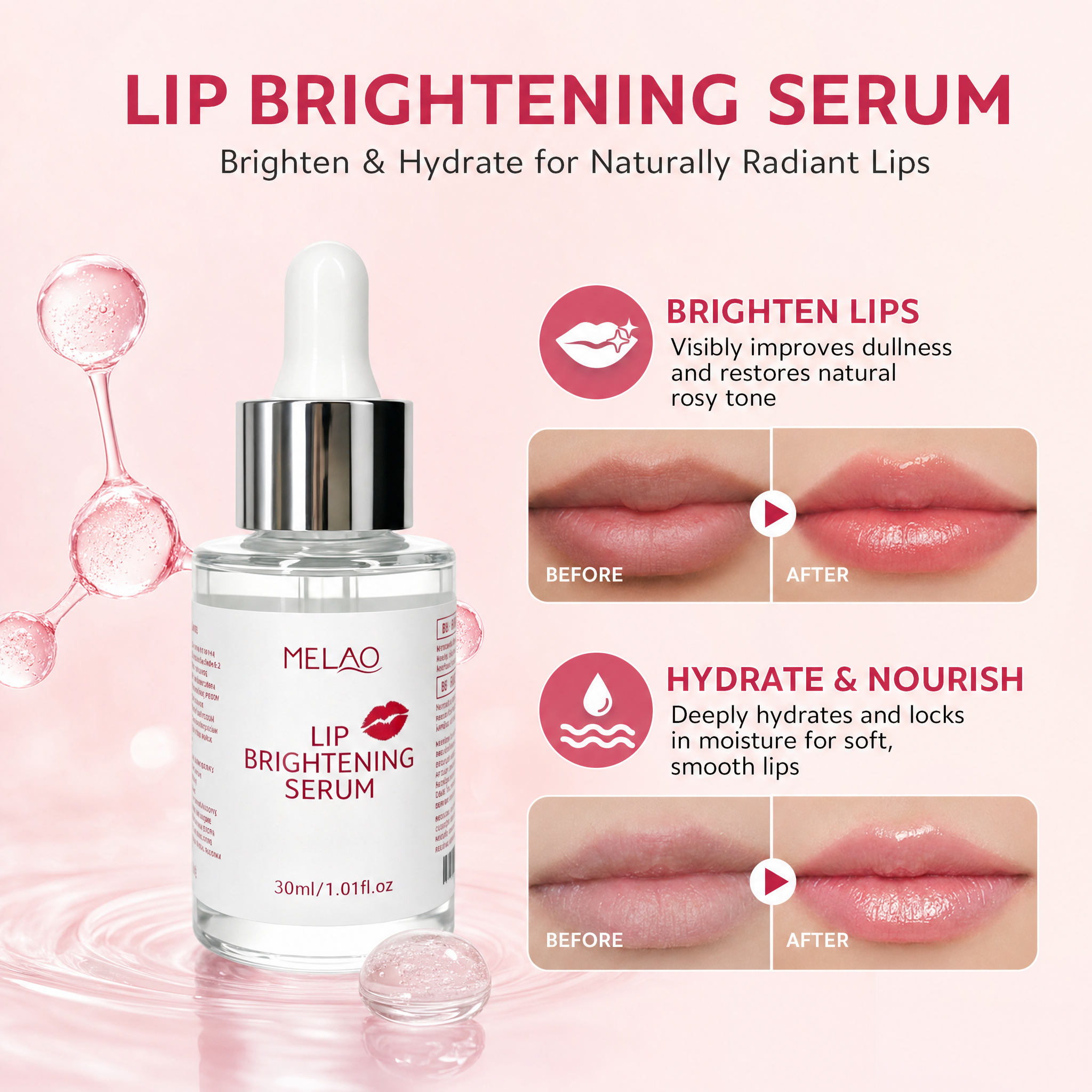 MELAO Lip Brightening Serum, Hydrating & Moisturizing Lip Care Essence, Daily Lip Serum to Support Soft, Smooth, Plump & Healthy-Looking Lips, Reduces Dryness, 30ml