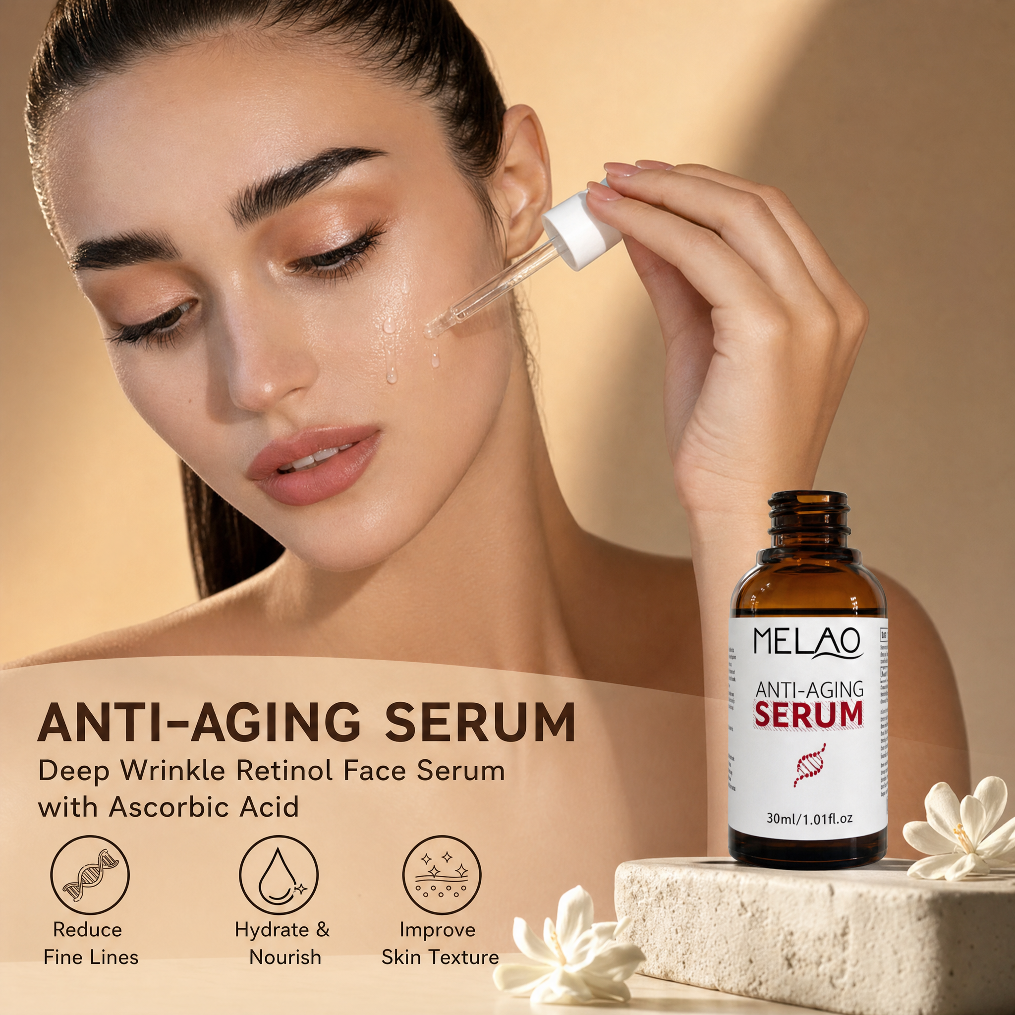 MELAO Anti-Aging Face Serum, Hydrating & Nourishing Facial Essence, Daily Skin Care Serum to Support Smooth, Plump & Youthful-Looking Skin, Suitable for All Skin Types, 30ml