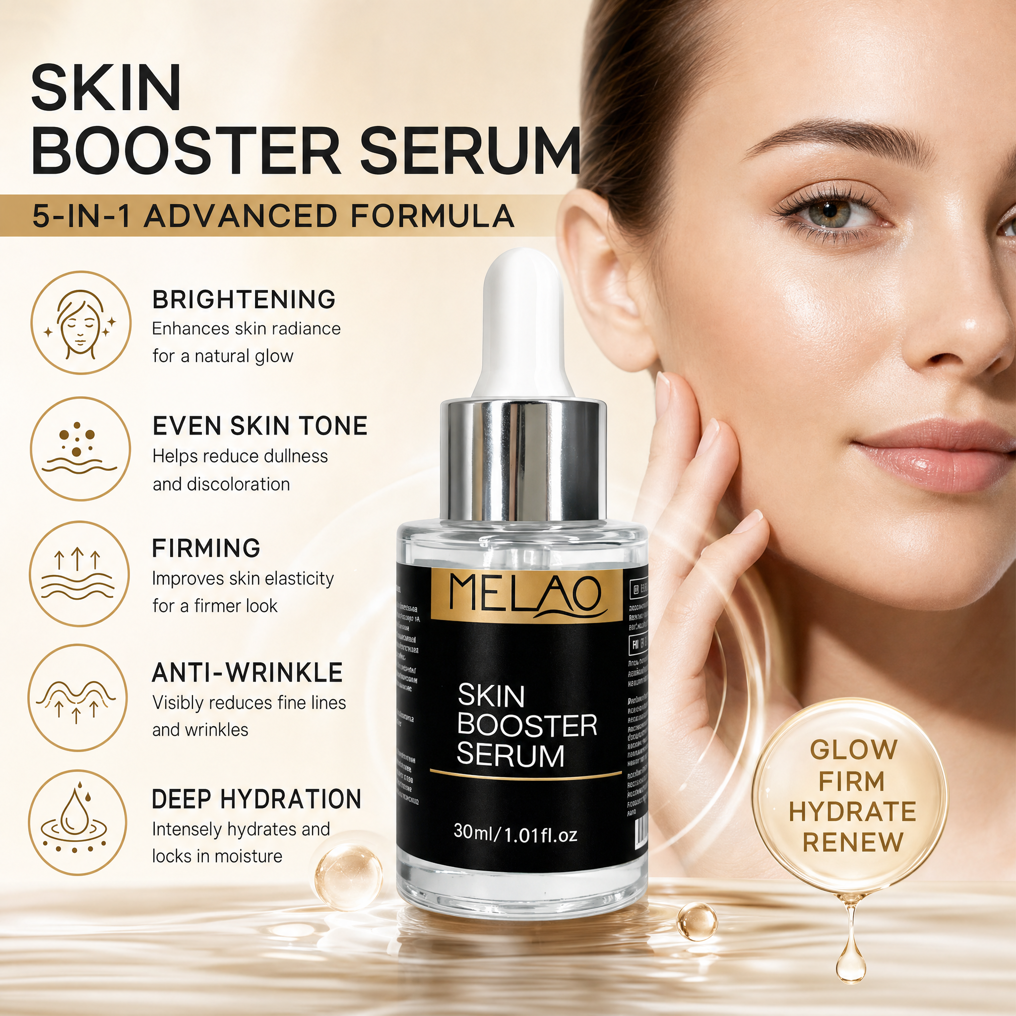 MELAO Skin Booster Serum, Hydrating & Glow-Boosting Facial Serum, Daily Skin Care Essence for Plump, Radiant & Smooth Skin, 30ml