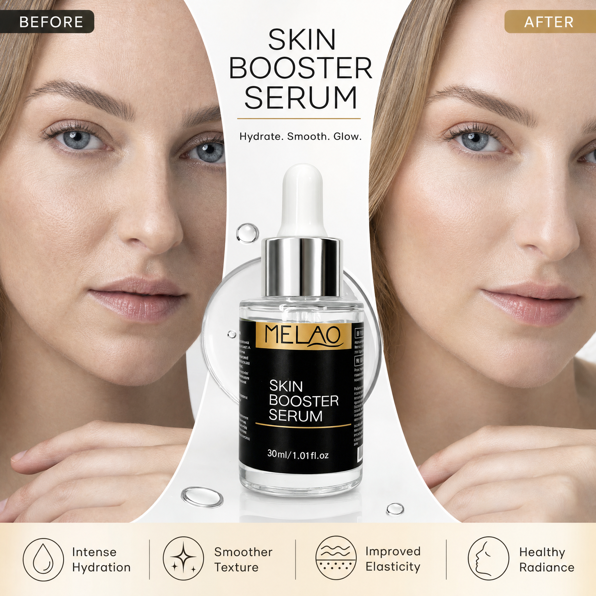 MELAO Skin Booster Serum, Hydrating & Glow-Boosting Facial Serum, Daily Skin Care Essence for Plump, Radiant & Smooth Skin, 30ml