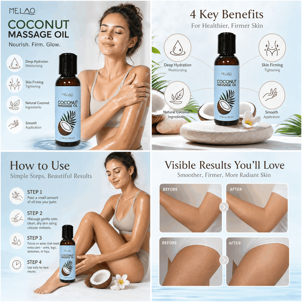 MELAO Coconut Massage Oil 118ml/4fl.oz, Deep Hydrating & Nourishing Full Body Massage Oil, Moisturizing Coconut Oil for Dry Skin & Relaxation