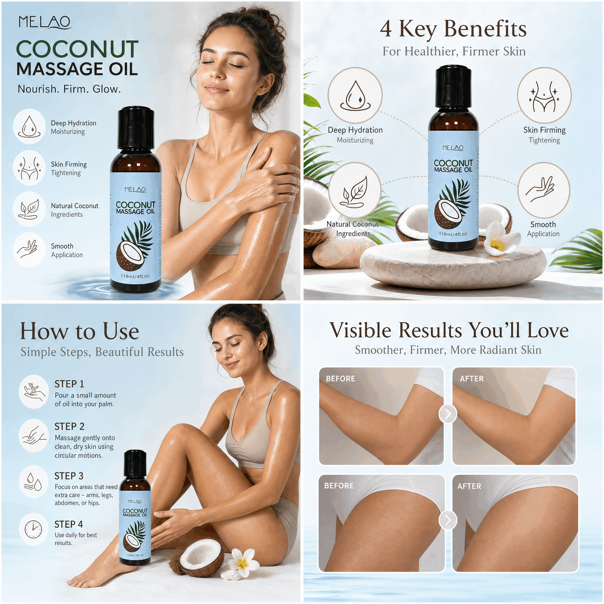 MELAO Coconut Massage Oil 118ml/4fl.oz, Deep Hydrating & Nourishing Full Body Massage Oil, Moisturizing Coconut Oil for Dry Skin & Relaxation