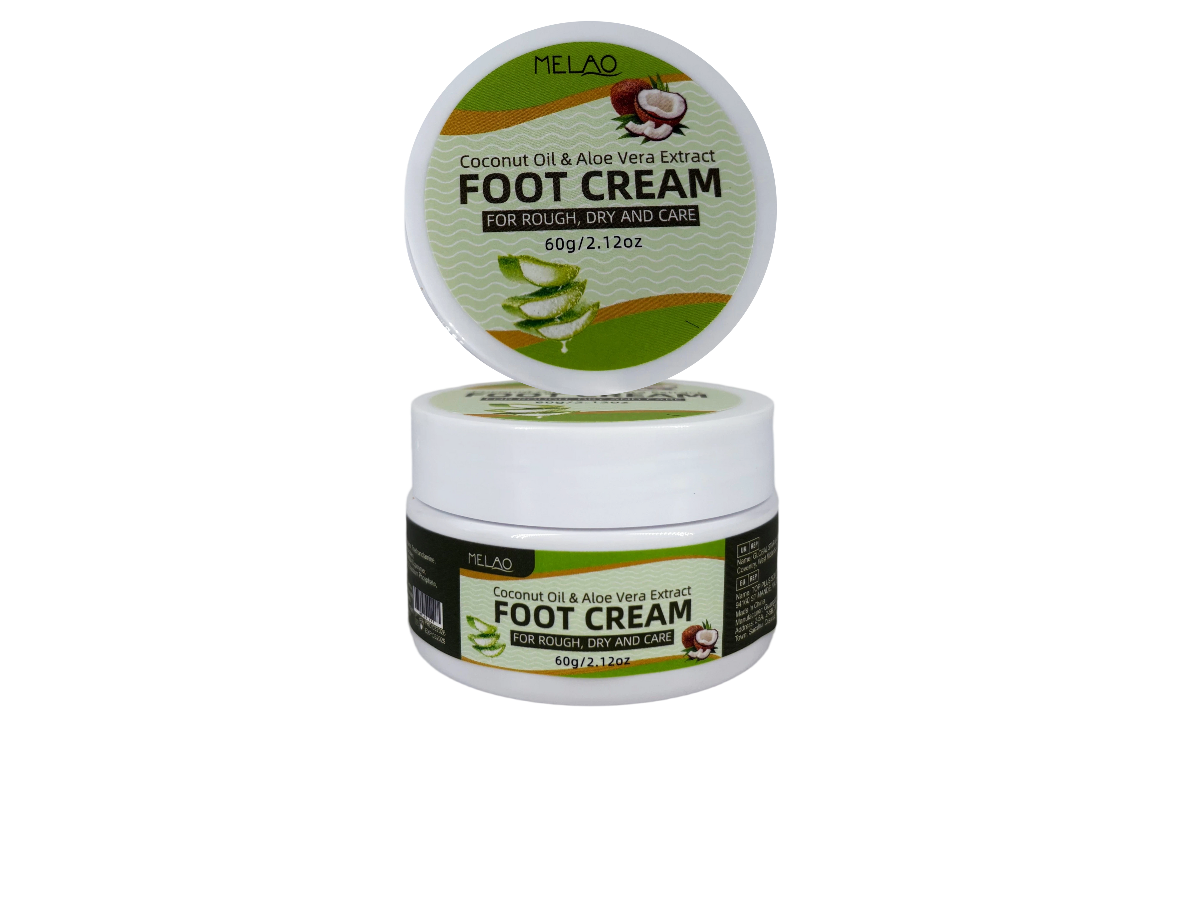 Foot Cream for Rough Dry Feet, MELAO Coconut Oil & Aloe Vera Foot Cream, Intensely Moisturizes & Softens Cracked Heels, with Natural Coconut Oil & Aloe Vera Extract, Nourishing Foot Care for Dry Skin, 60g/2.12oz